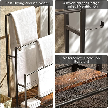 Towel Rack Freestanding 47 Inch Tall 3-Tier Floor Standing Towel Holder for Bathroom Bedroom Pool Outdoor