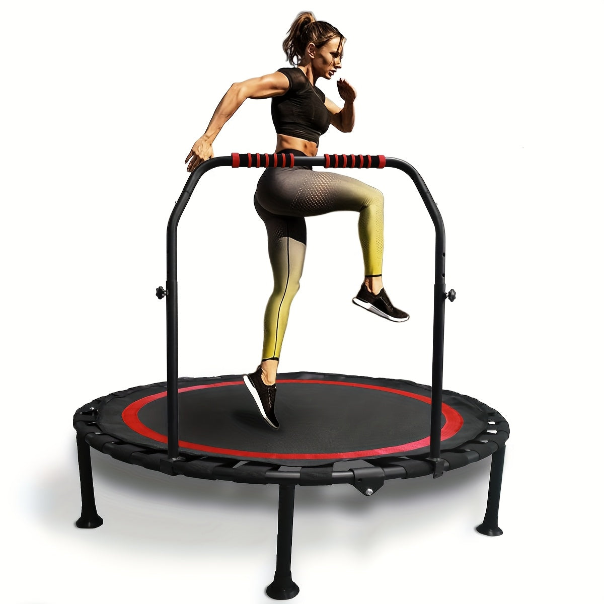 Rebounder Mini Trampoline 40 Inch Foldable with Adjustable Foam Handles – Bungee Elastic Strap Design, Thick Steel Frame, 600 lbs Capacity