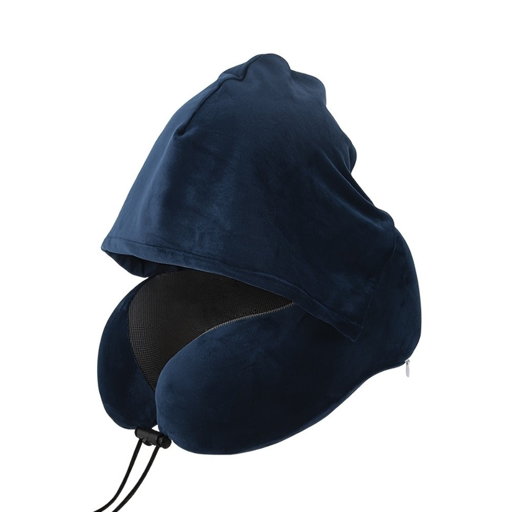 Hooded U-Shaped Travel Neck Pillow with Eye Mask, Carry Bag and Front Drawstrings in Pink, Blue, Black or Grey