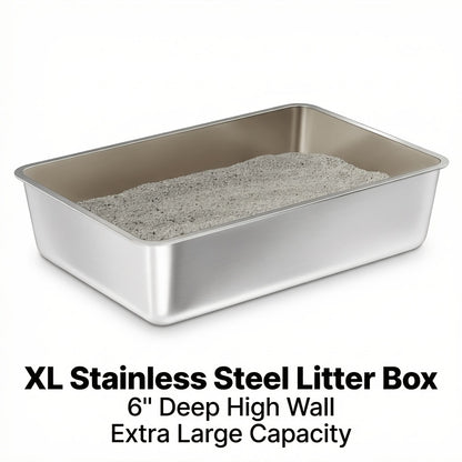 Large Stainless Steel Cat Litter Box 24x16x6 Inch Heavy Duty Rust-Proof Easy Clean Open Top Metal Litter Pan for Big Cats & Rabbits