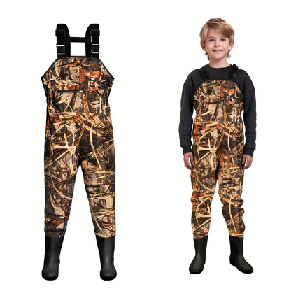 Kids Chest Waders Waterproof with Attached Boots – Youth Nylon Fishing & Hunting Waders, Cartoon Stripe Design, Lock Closure, Ages 4-13