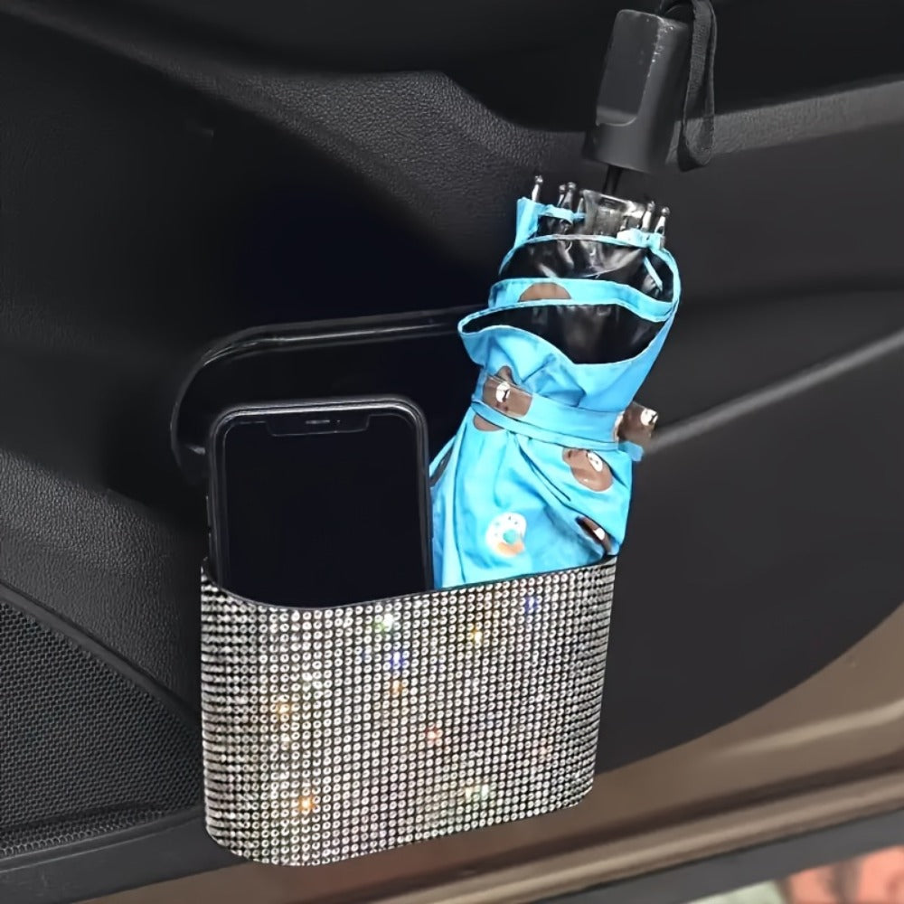 Rhinestone Push-Lid Car Trash Bin with Two Liner Bags, Black or Silver Finish and 16 cm Width