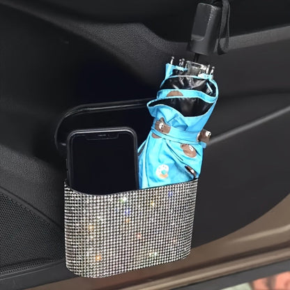 Rhinestone Push-Lid Car Trash Bin with Two Liner Bags, Black or Silver Finish and 16 cm Width