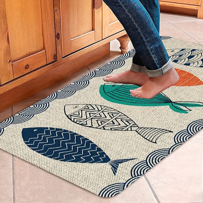 Colorful Fish Door Mat with Wave-Border Print, Flannel-Described Surface and 40 x 60cm or 50 x 80cm Sizes