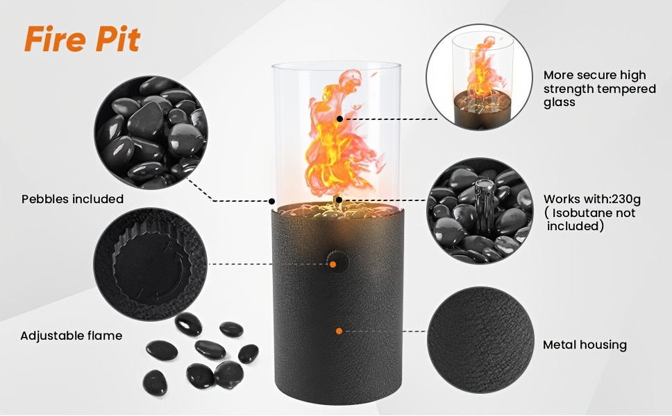 Fire Bowl Tabletop Fire Pit Indoor Outdoor Butane Fuel Mini Portable Fireplace with Glass Wind Guard for Garden, Patio and Yard Use
