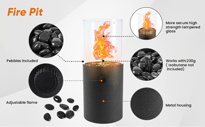 Fire Bowl Tabletop Fire Pit Indoor Outdoor Butane Fuel Mini Portable Fireplace with Glass Wind Guard for Garden, Patio and Yard Use