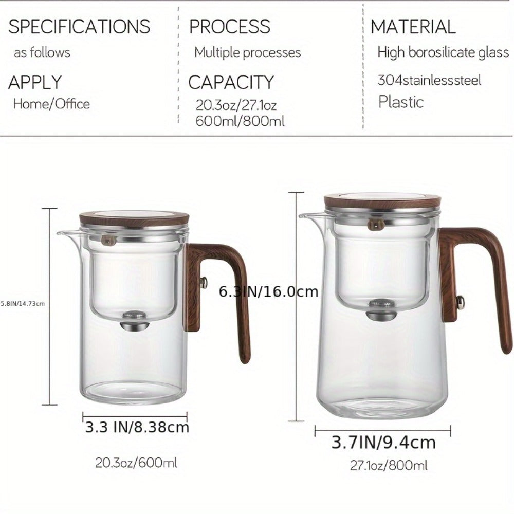 Glass Teapot with Infuser & Wooden Handle – Borosilicate Tea Kettle, One-Button Tea-Water Separation, Drip-Free Spout