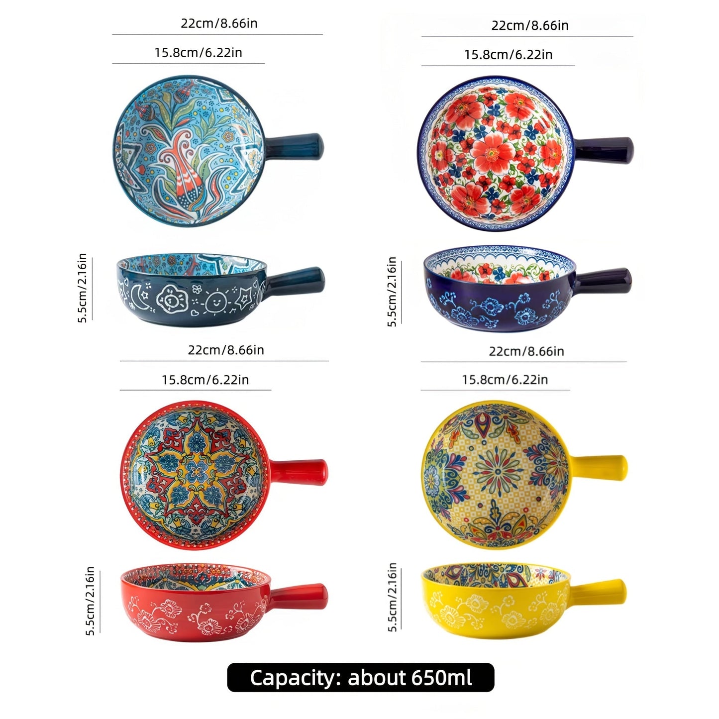 Ceramic Salad Bowl Set of 4 Bohemian Style 8.7 Inch with Handles Microwave and Oven Safe Colorful Serving Bowls for Home Baking Table