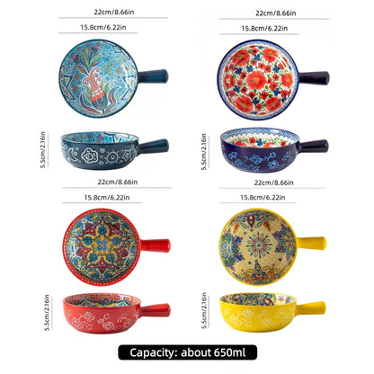 Ceramic Salad Bowl Set of 4 Bohemian Style 8.7 Inch with Handles Microwave and Oven Safe Colorful Serving Bowls for Home Baking Table
