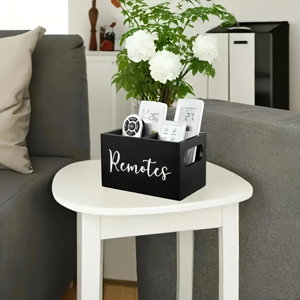 Black Wooden Remote Control Holder with Multi-Compartment Layout and 6 x 4 x 4-Inch Checkout Size