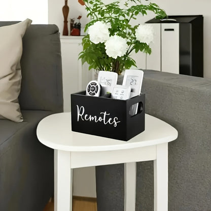 Black Wooden Remote Control Holder with Multi-Compartment Layout and 6 x 4 x 4-Inch Checkout Size