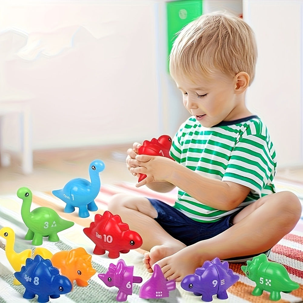 Dinosaur Number Matching Toy for Toddlers, 10 Pairs Retractable Plug-In Counting Sorting Math Game with Storage Bag
