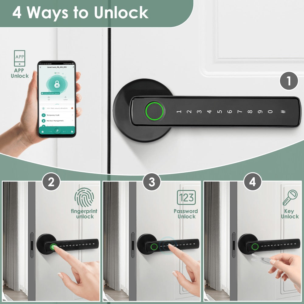 Aluminum Alloy Smart Door Handle Lock 4-in-1 with Fingerprint, Password, App & Key, Left & Right Hand Compatible