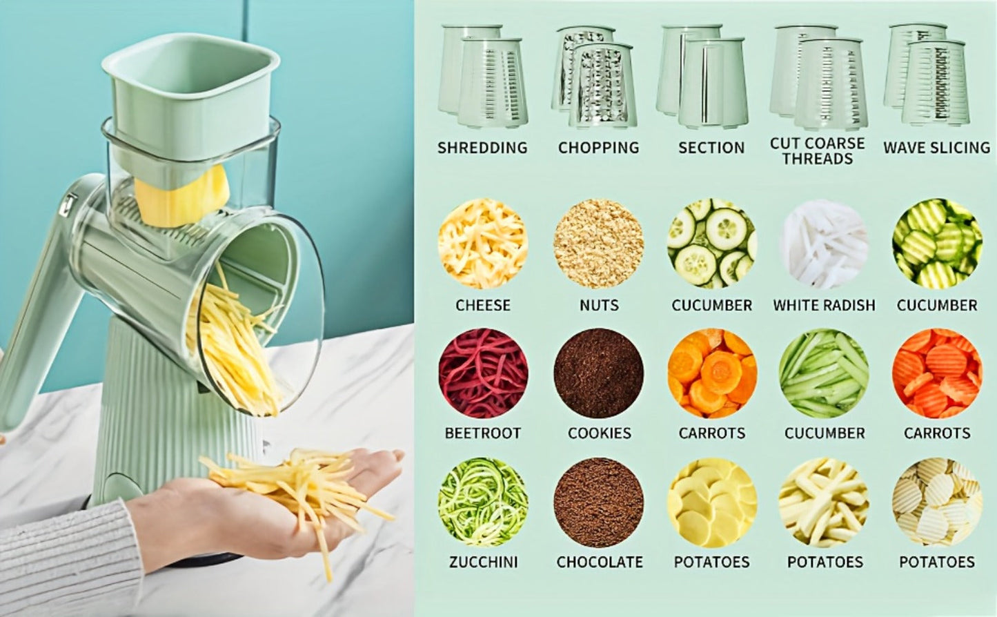 Rotary Cheese Grater with Interchangeable Blades, 5-in-1 Manual Vegetable Slicer Shredder Set, Suction Cup Base