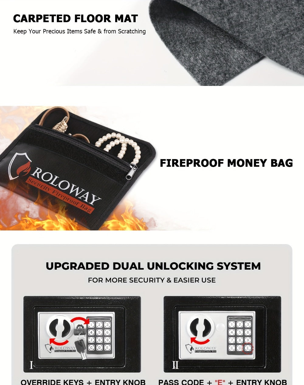 Fireproof Safe Box with Keyboard Lock, ROLOWAY Home & Office Security Safe with Fireproof Bag, Multiple Sizes