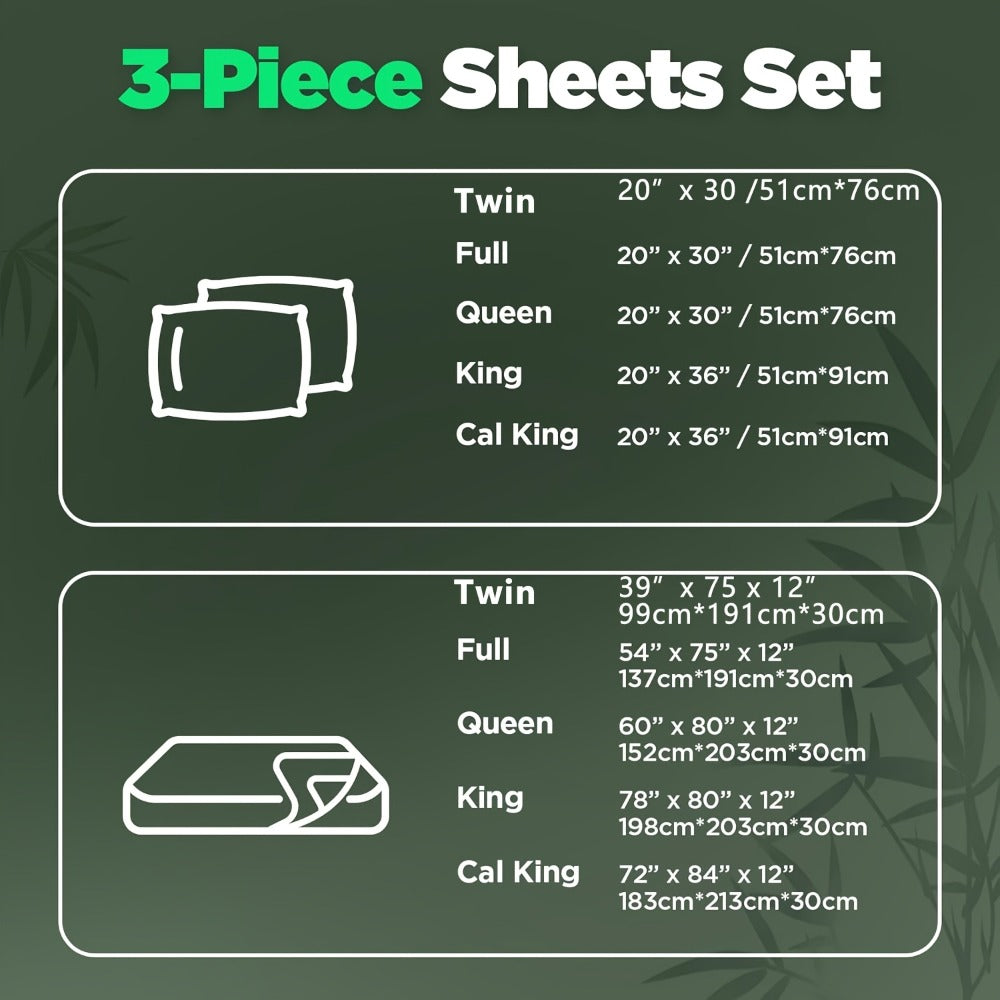 Bamboo Cooling Bed Sheet Set 3 Piece 100% Bamboo Fiber Fitted Sheet with Pillowcases – Deep Pocket Breathable Cool Sheets for Hot Sleepers
