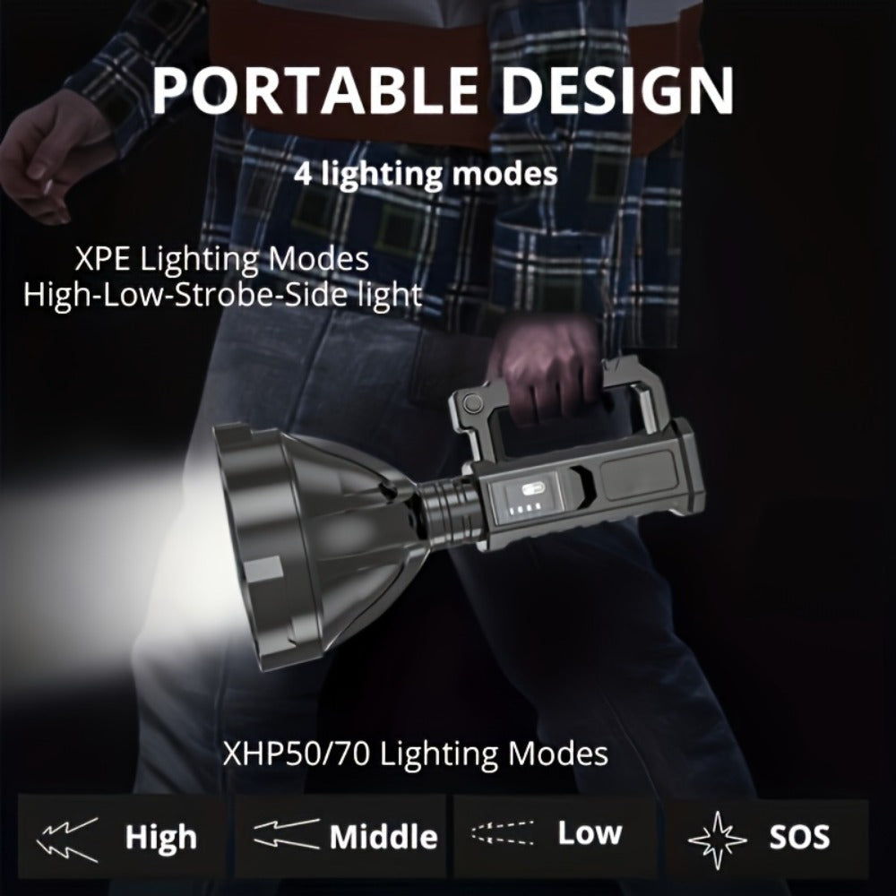 XHP90 High Power LED Flashlight USB Rechargeable Powerful Spotlight Searchlight, 4 Modes for Camping, Travel and Outdoor Use