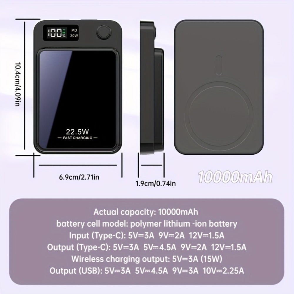 Magnetic Wireless Power Bank 10000mAh MagSafe Compatible 22.5W USB-C Fast Charging with LED Display