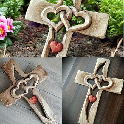 Cross Wall Decor Resin Handcrafted Hearts Intertwined Love Cross, Decorative Wall Cross for Living Room Bedroom Home Decor
