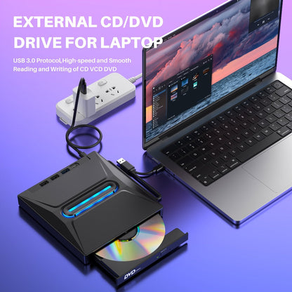 8-in-1 Luminous External CD DVD Drive USB 3.0 & Type-C - Portable CD/DVD±RW Burner Player Hub with 3 USB Ports