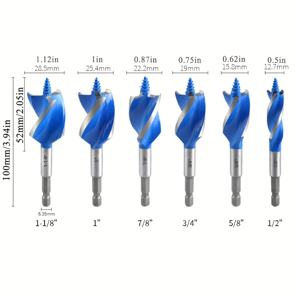 Impact Drill Bit Set 6-Piece Woodworking, 1/2" to 1" Interchangeable Screwdriver Bits, 4-Inch Length with Storage Box