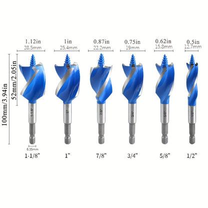 Impact Drill Bit Set 6-Piece Woodworking, 1/2" to 1" Interchangeable Screwdriver Bits, 4-Inch Length with Storage Box