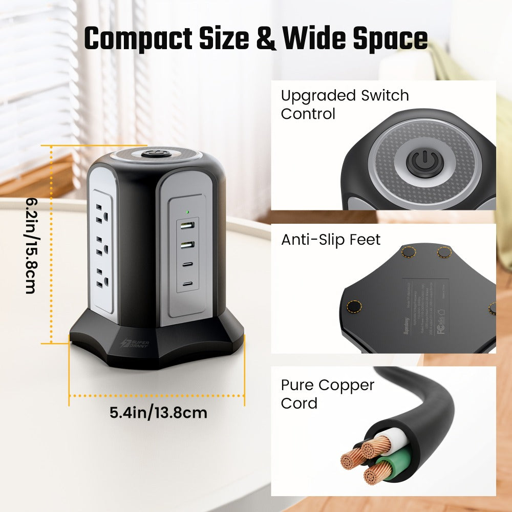 Surge- Power Tower 13-in-1 with Wireless Charger, 9 AC Outlets & 4 USB Ports (2 USB-C PD18W), 1080J Surge Protector