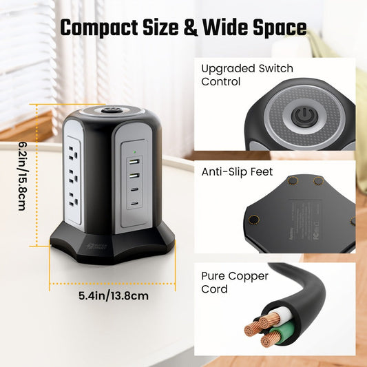 Surge- Power Tower 13-in-1 with Wireless Charger, 9 AC Outlets & 4 USB Ports (2 USB-C PD18W), 1080J Surge Protector