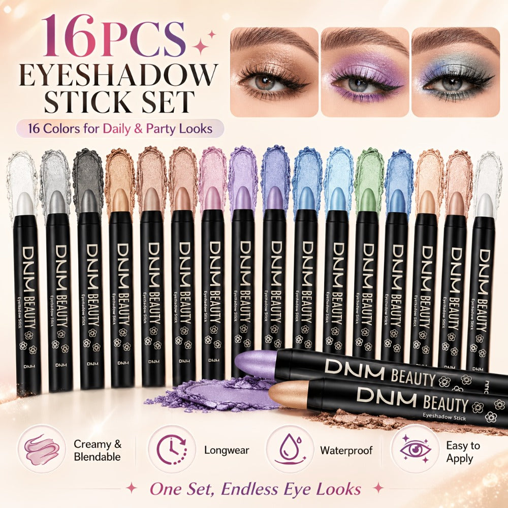Highly Pigmented Eyeshadow Stick Set 16 Colors Waterproof Matte & Shimmer Eye Makeup Pencil Kit