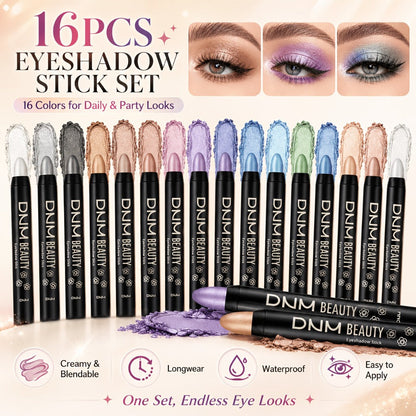 Highly Pigmented Eyeshadow Stick Set 16 Colors Waterproof Matte & Shimmer Eye Makeup Pencil Kit