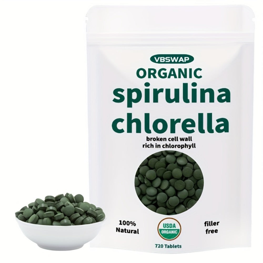 Organic Chlorella & Spirulina Tablets 720 Count, 4 Month Supply, 50/50 Superfood Blend, Cracked Cell Wall