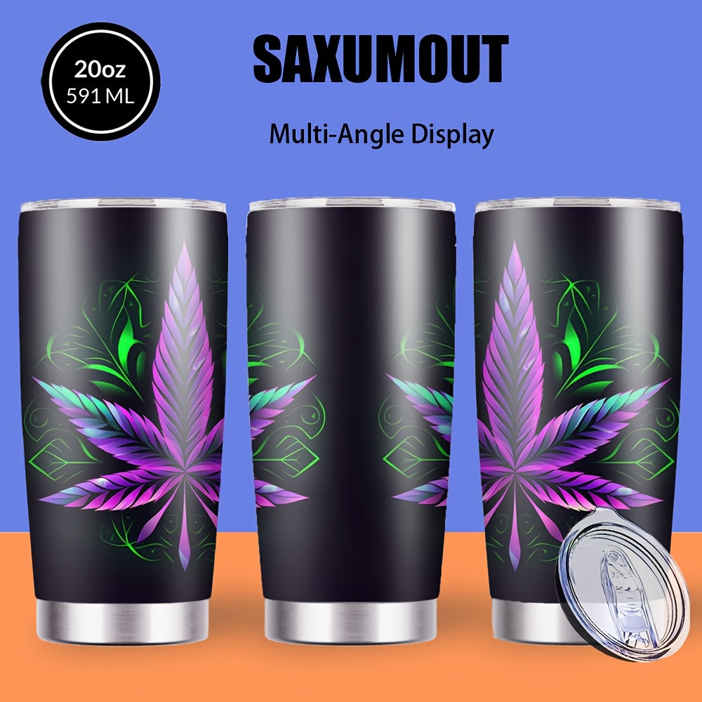 20oz Black Tumbler with Purple Leaf Graphic, Clear Lid and Metal Straw, 7.2 x 17.5 cm Pictured Size