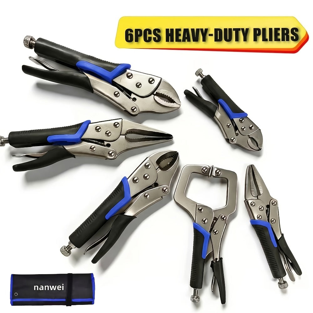 Pliers Set 6-Piece, Needle Nose, Curved & Locking C-Type Pliers, 5-10 Inch Sizes, Versatile Vise Grip Tool Kit for Home