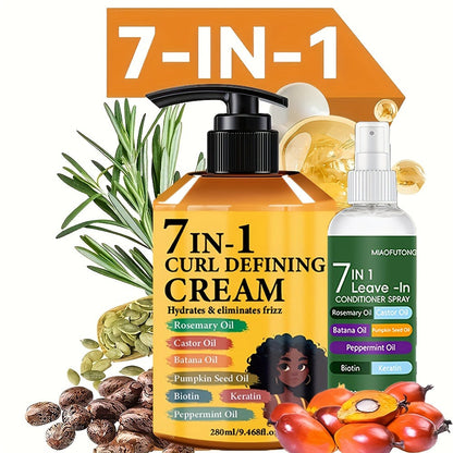 Rosemary Hair Growth Styling Cream & Leave-In Conditioner Spray Set 2pcs - 7-in-1 Formula with Castor