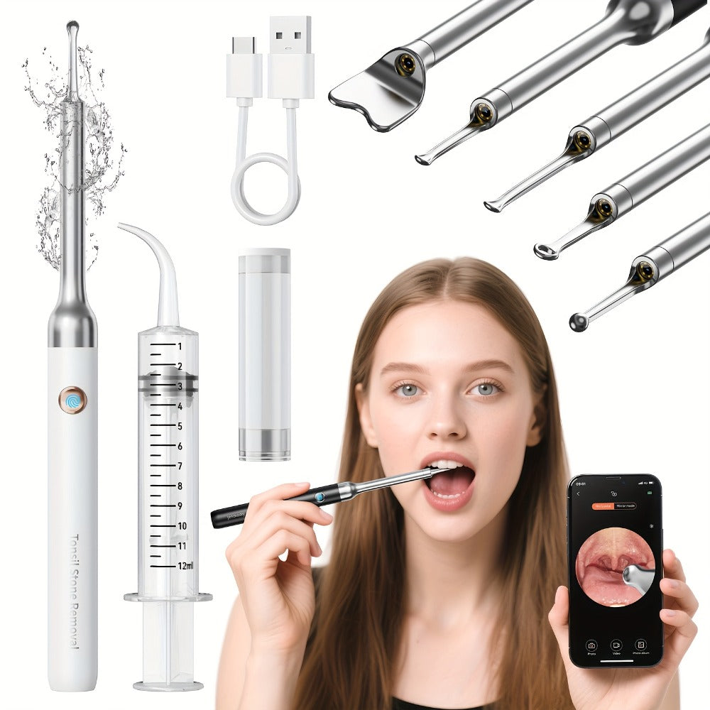 Intelligent Visual Tonsil Stone Removal Kit – 1080P HD Camera, 6 LED Lights, Wi-Fi & App Connection, Multi-Accessory Oral Inspection Tool