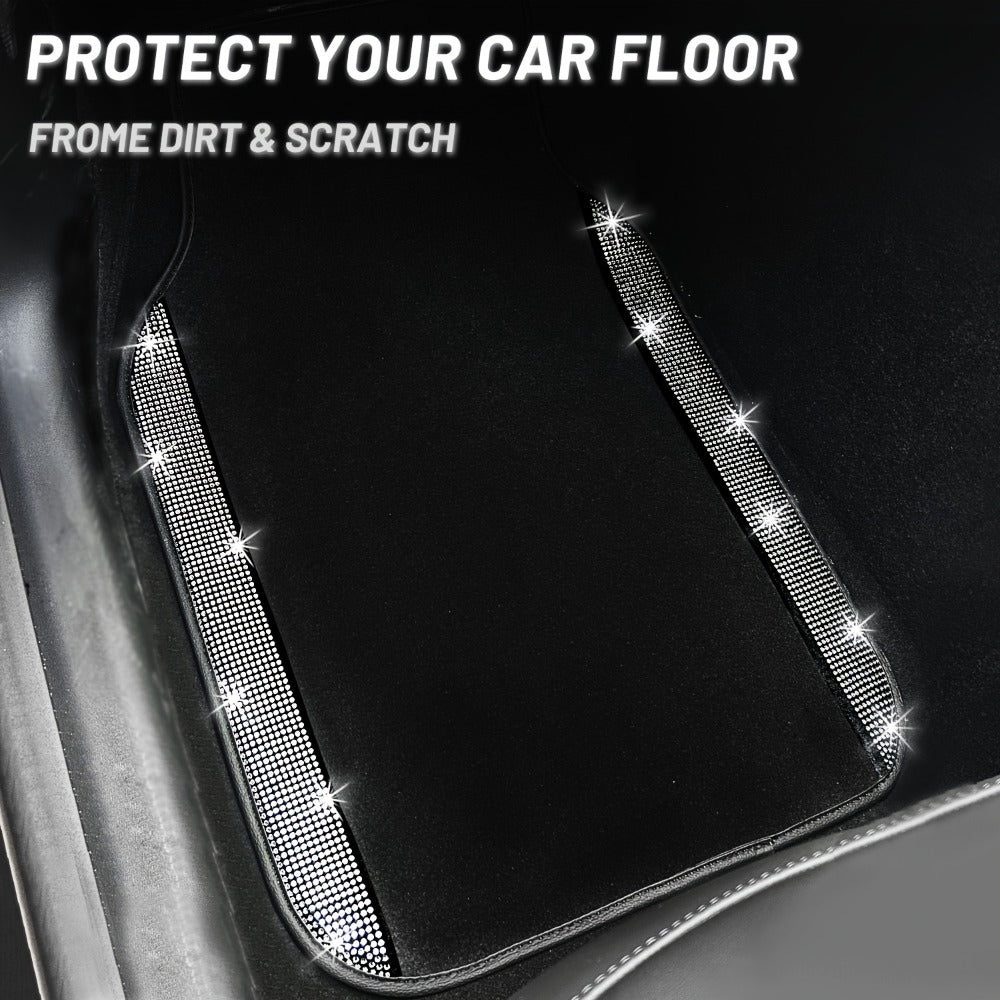 Rhinestone-Border Car Floor Mats, Four-Piece Black Carpet Set with Seven Accent Color Options
