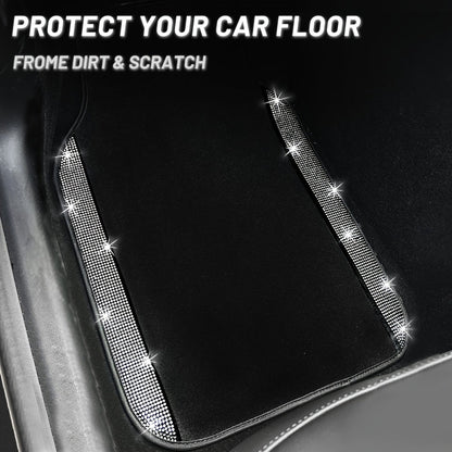 Rhinestone-Border Car Floor Mats, Four-Piece Black Carpet Set with Seven Accent Color Options