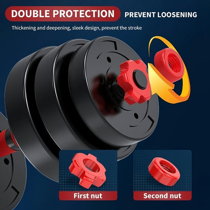 44-Pound Adjustable Dumbbell and Barbell Set with Black Round Plates, Connecting Rod and Double Lock Nuts