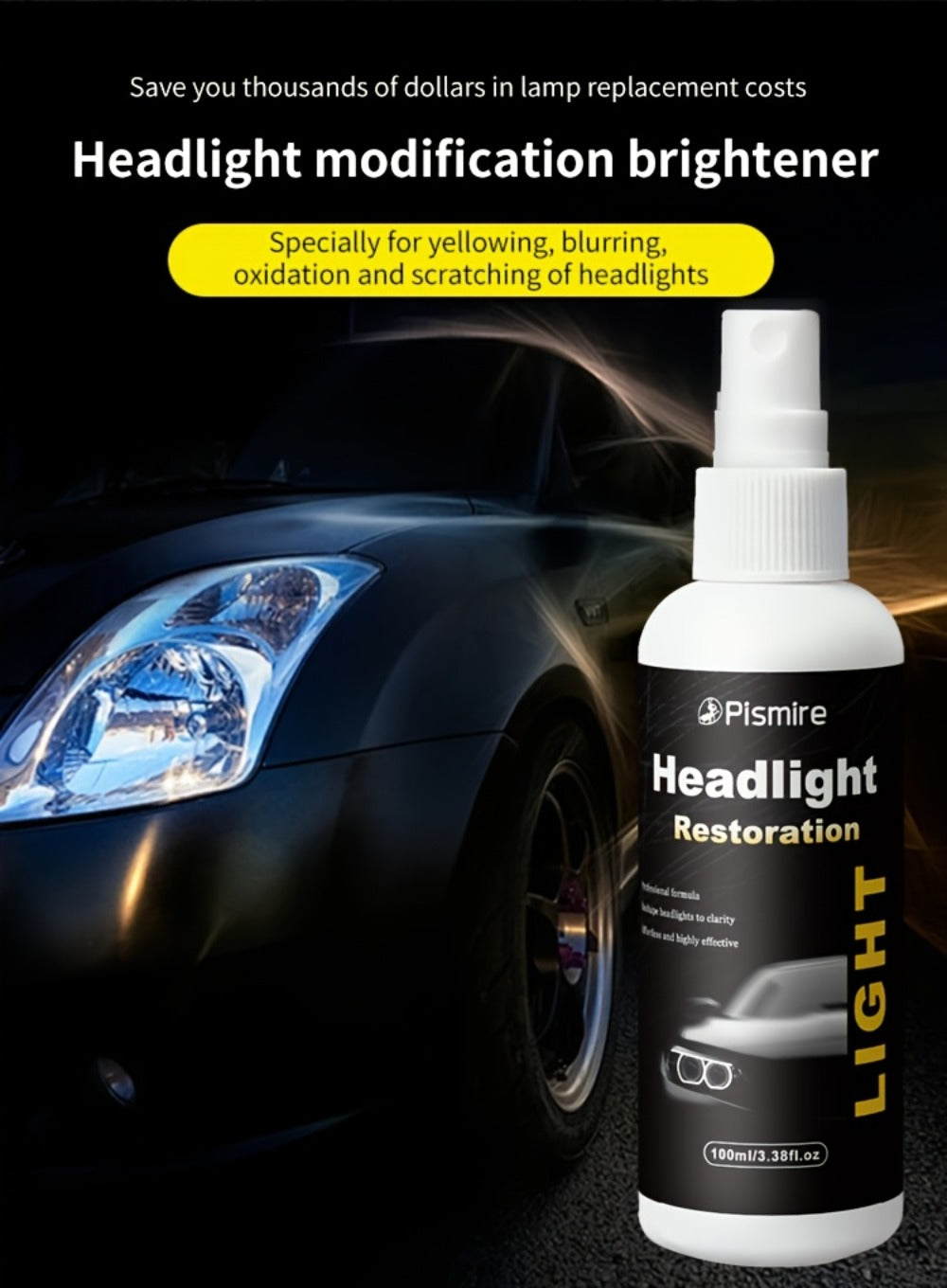 Headlight Restoration Kit Ceramic Coating Spray 100ml No Sanding No Polishing Required Quick Restore Yellowed Foggy Car Headlights DIY