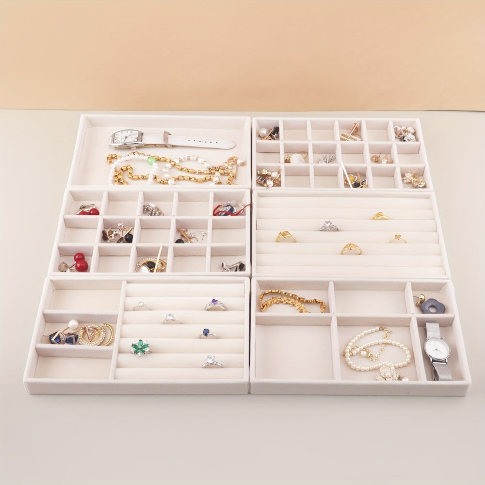 Stackable Jewelry Organizer Trays 6-Piece Set – Rectangular Multi-Compartment Drawer Inserts with Removable Dividers for Earrings, Rings