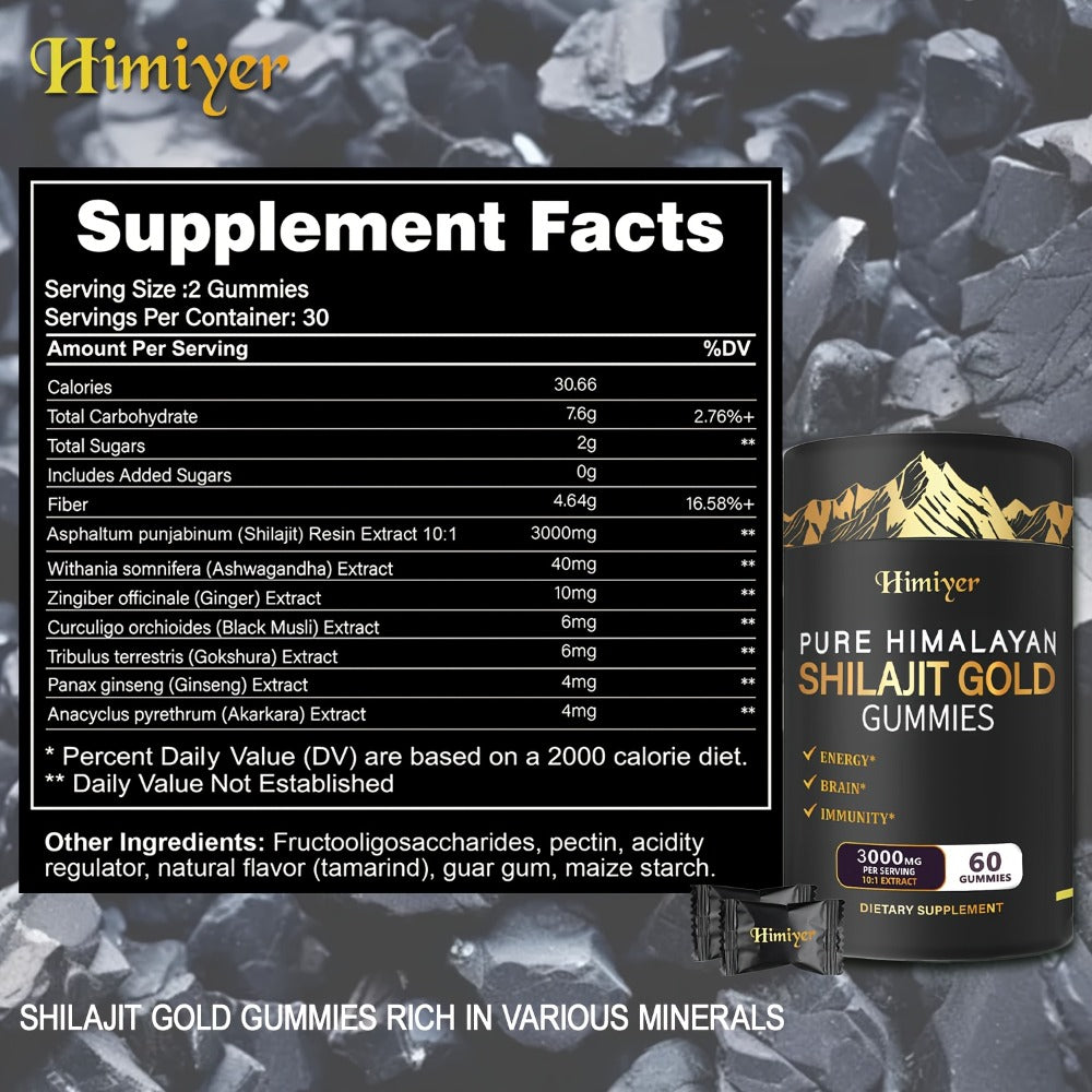 Pure Himalayan Shilajit Gummies with KSM-66 Ashwagandha, Ginseng & Gokshura, 85+ Trace Minerals, 75% Fulvic Acid
