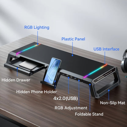 ICE COOREL Monitor Stand Foldable Height Adjustable with Storage Drawer, RGB Lighting & 4 USB Ports