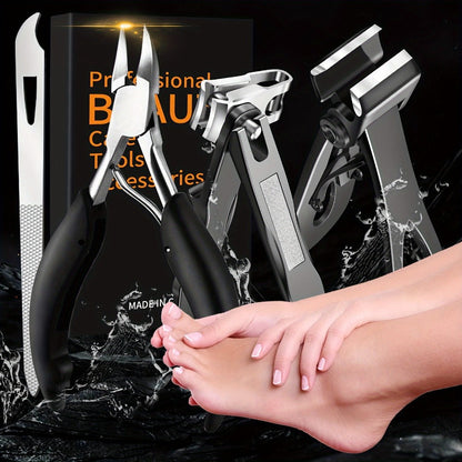 Heavy Duty Toenail Clippers Set 3 Piece for Thick Nails – Wide Jaw Stainless Steel Straight & Angled Nail Clipper with Nail File