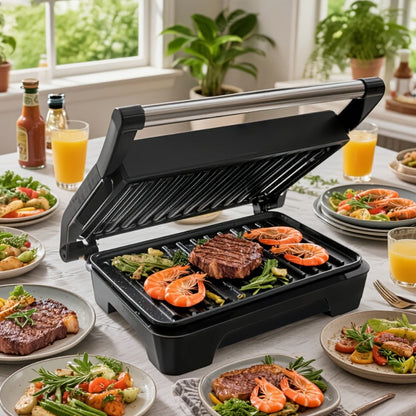 Electric Panini Press Grill Double-Sided Heating Sandwich Maker Waffle Iron Steak Grill Indoor for Grilling, Camping and Outdoor Meals