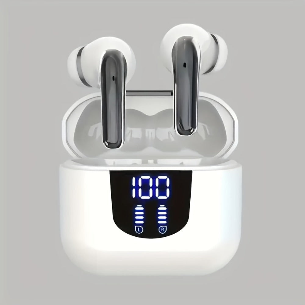 Bass Stereo Wireless Earphones Bluetooth 5.4, Playtime In-Ear Earbuds with Noise Cancelling Mic & LED Display