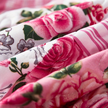 Bright Pink Floral Patchwork Three-Piece Bedspread Set with Twin, Full-Queen and King Size Options