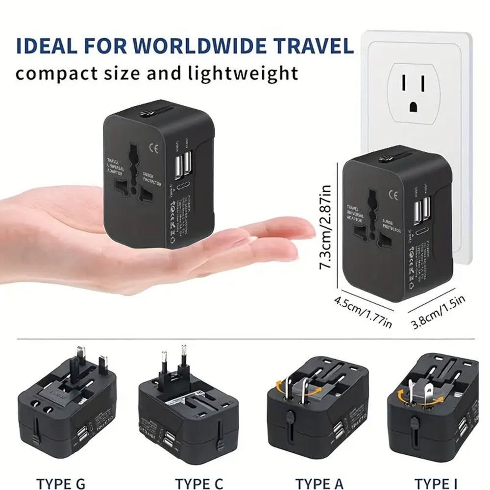 Universal Travel Adapter with Surge Protection - 2 USB & Type-C Ports, All-in-One International Plug for 350+ Countries