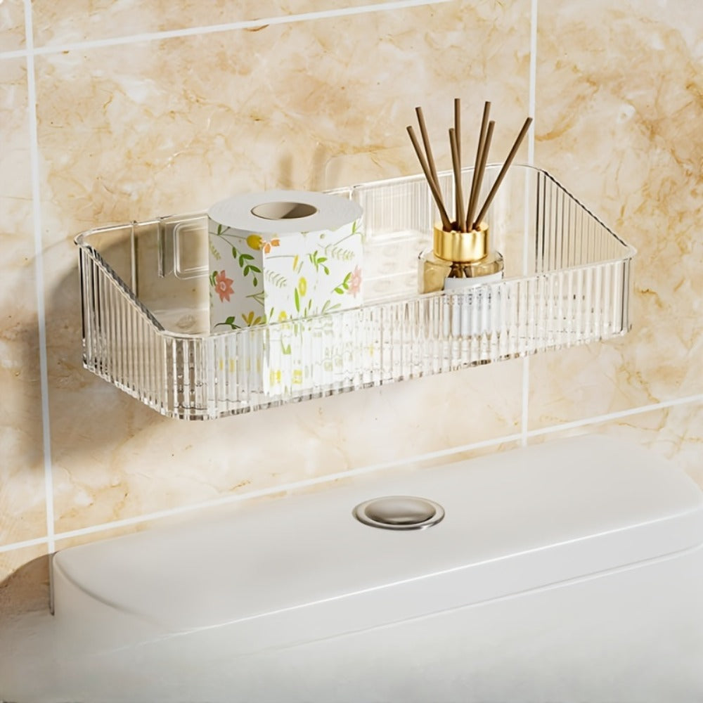 Wall-Mounted Plastic Bathroom Storage Shelf with Adhesive Plates, 24.5cm Rack in Gray, Amber or Green