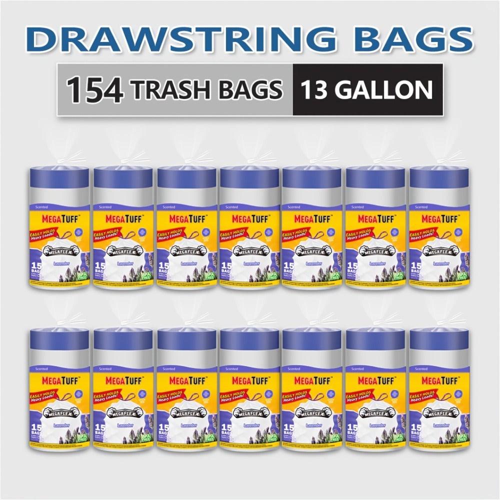 Drawstring Trash Bags with Odor Eliminator Technology – Lemon Mint Scent, Puncture & Tear Resistant, 30 Gal (90 Bags) or 13 Gal (154 Bags)