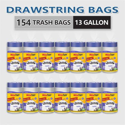 Drawstring Trash Bags with Odor Eliminator Technology – Lemon Mint Scent, Puncture & Tear Resistant, 30 Gal (90 Bags) or 13 Gal (154 Bags)